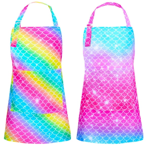PASHOP 2 Pack Kids Apron Rainbow Mermaid Aprons With Pockets for Children Girls Boys Toddler Apron for Painting Cooking Baking