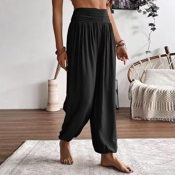TaTaai Womens Solid Stretch Yoga Pants with Smocked Waist Loose Casual Trousers Bottoms for Daily Gym Workout