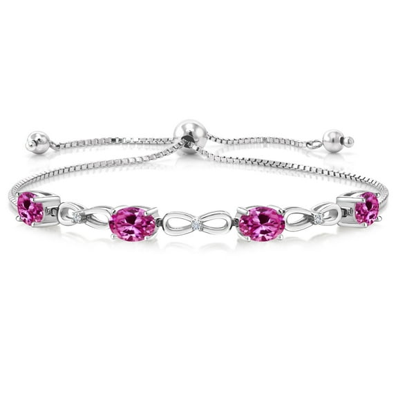 Gem Stone King 3.62 Cttw Pink Created Sapphire and Lab Grown Diamond 925 Sterling Silver Bracelet for Women | Adjustable Bolo Bracelet for Women | Easy-On Easy-Off