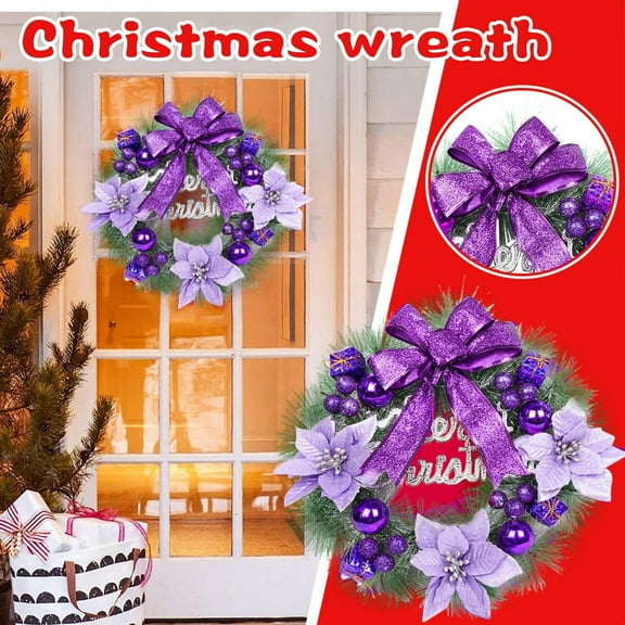 CoreLiving Purple Christmas Wreath for Front Door, Purple Wreath with Bow, Pinecones, Berries and Poinsettia Flowers, 12 Inch Indoor Outdoor Holiday Decor, Merry Christmas Decoration Wreaths for Door