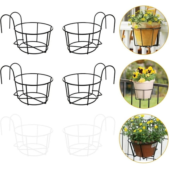 4 PCS Round Hanging Railing Planters Basket, Metal Hanging Railing Planter Flower Pot Holder, Iron Rack Fence Shelf plant holder with Hook,Balcony Railing Planter for Indoor and Outdoor (Black)