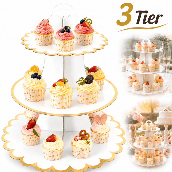 Cardboard Cake Stand, 3 Tier Paper Dessert Round Cupcake Holder Tower Disposable Pastry Stand for Birthday, Afternoon Tea,Wedding Party Anniversary Christening Fruit Desserts Display