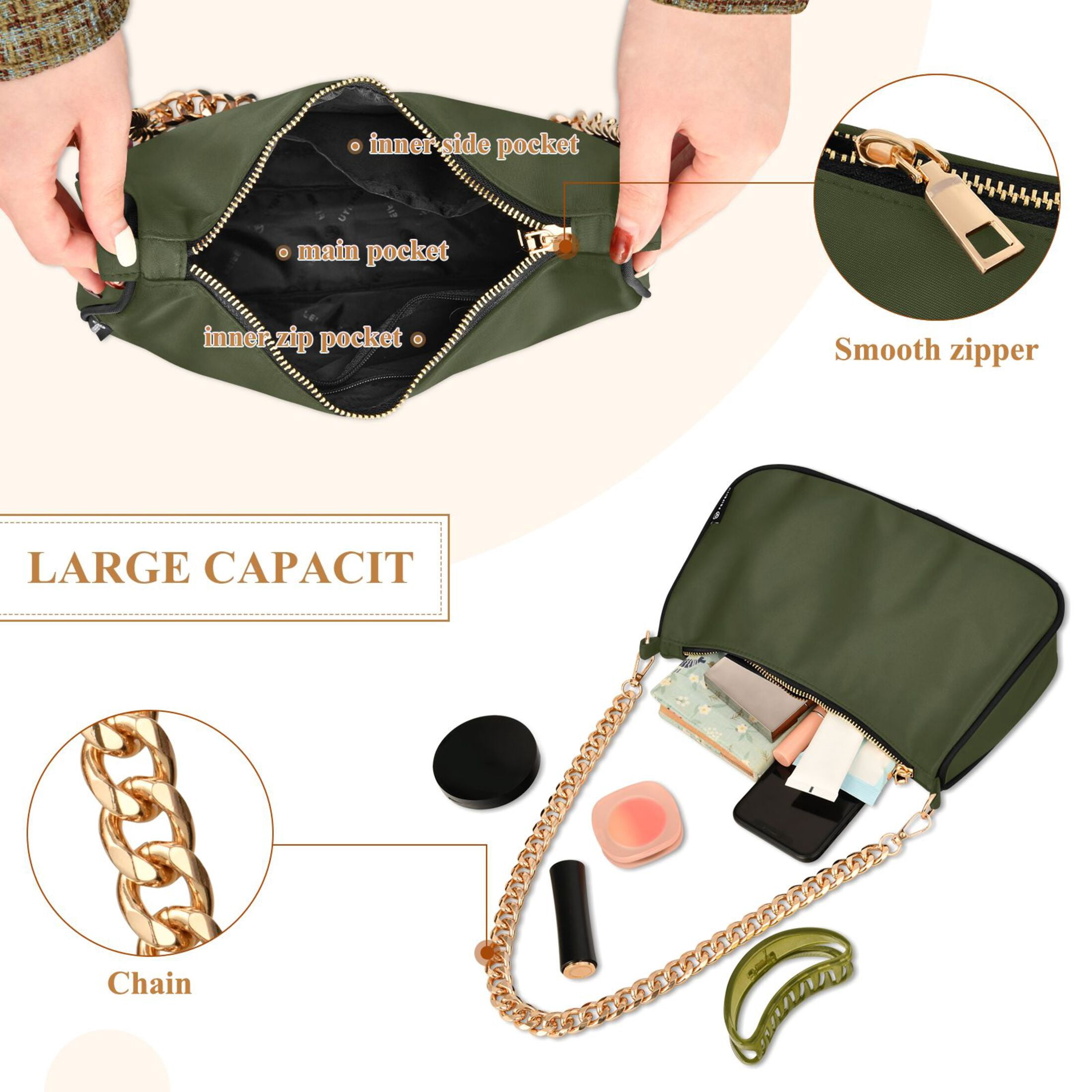 Ryvnso Olive Green Solid Womens Chain Shoulder Bag Tote Handbags Clutch Hobo Purse with Zipper for Travel