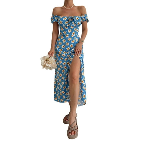 

Huakaishijie Women Short Puff Sleeve Floral Dresses Square Neck Split One-pieces
