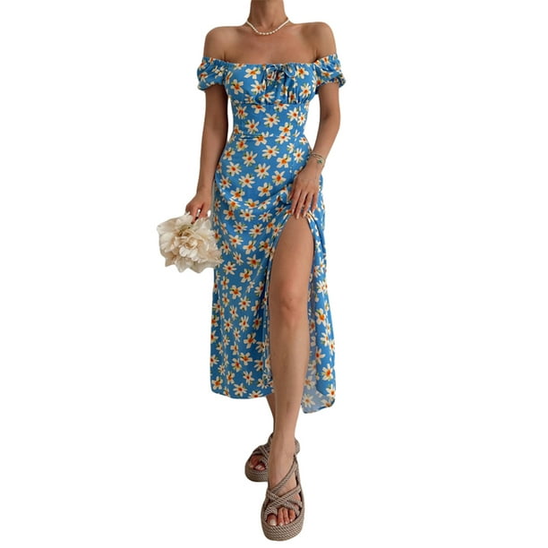 VISgogo Vestido de manga corta para mujer con estampado floral, correa de cuello cuadrado, versión dividida, ropa de verano VISgogo moda