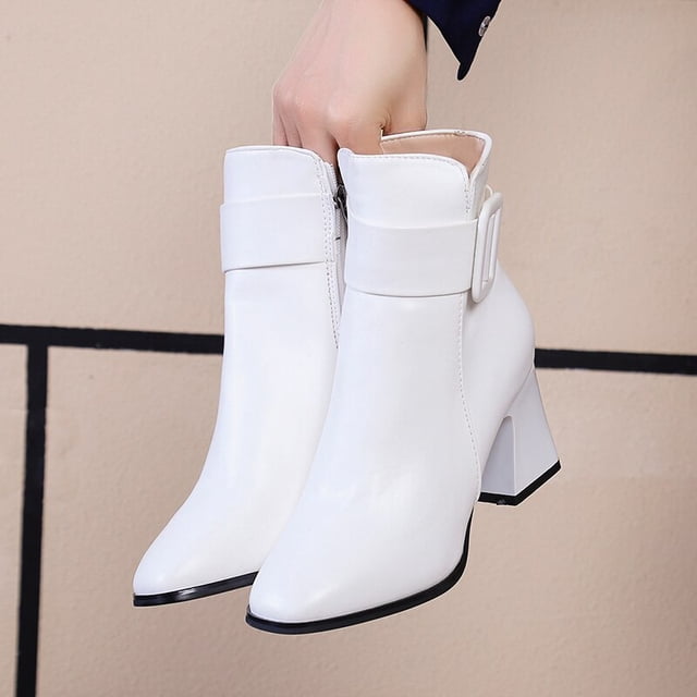 2022, botines de tacón grueso blanco y negro para mujer, botines cortos elegantes con punta en pico para mantener el calor, hebilla de tobillo para mujer, decoración 38 Gao Jinjia LED
