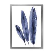Designart 'Navy Blue Tropical Banana Leaves On White' Tropical Framed Art Print