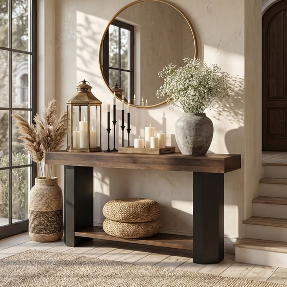 63-Inch 2-Tier Console Table – Long Sofa Table for Living Room, Industrial Hallway & Entryway Table with Rustic Brown and Black Finish
