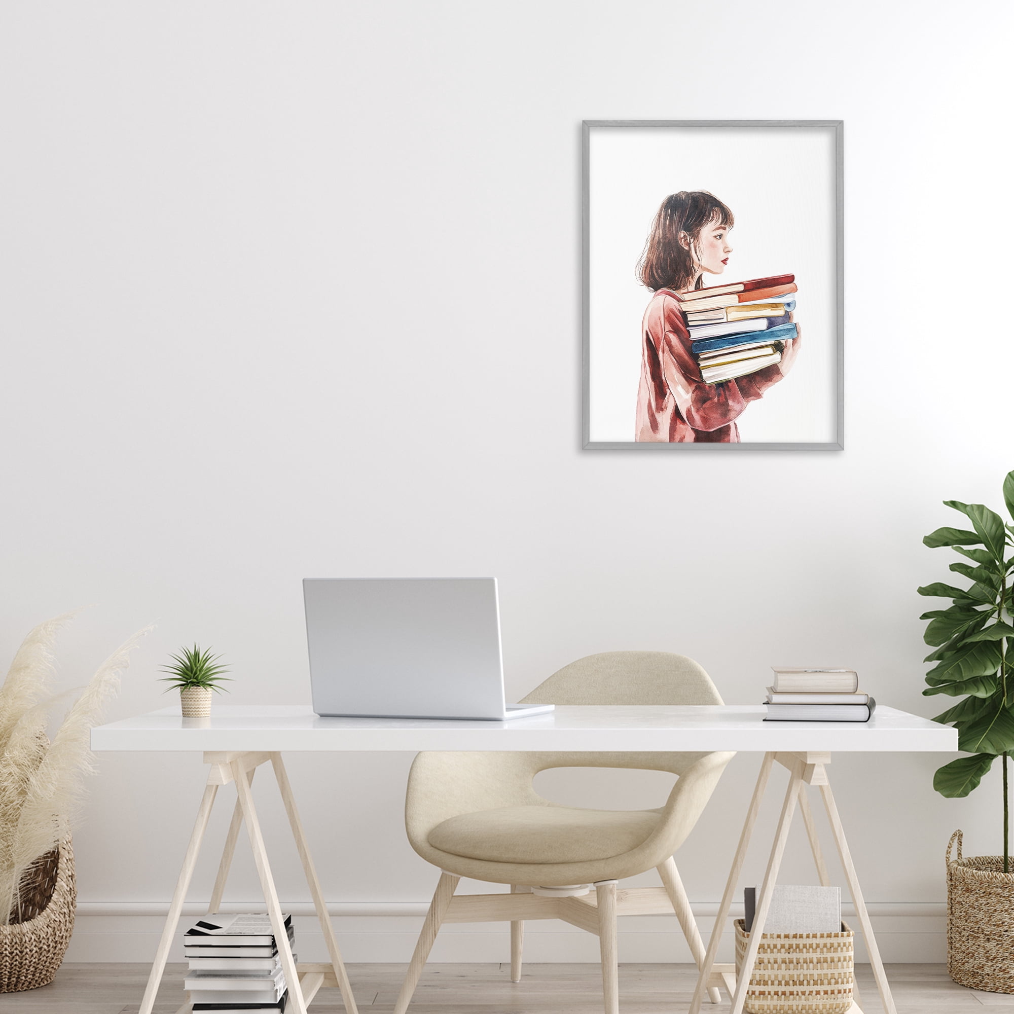 Stupell Industries The Book Bearer Girl Gray Framed Giclee Art, design by Svetlana Aleynikova