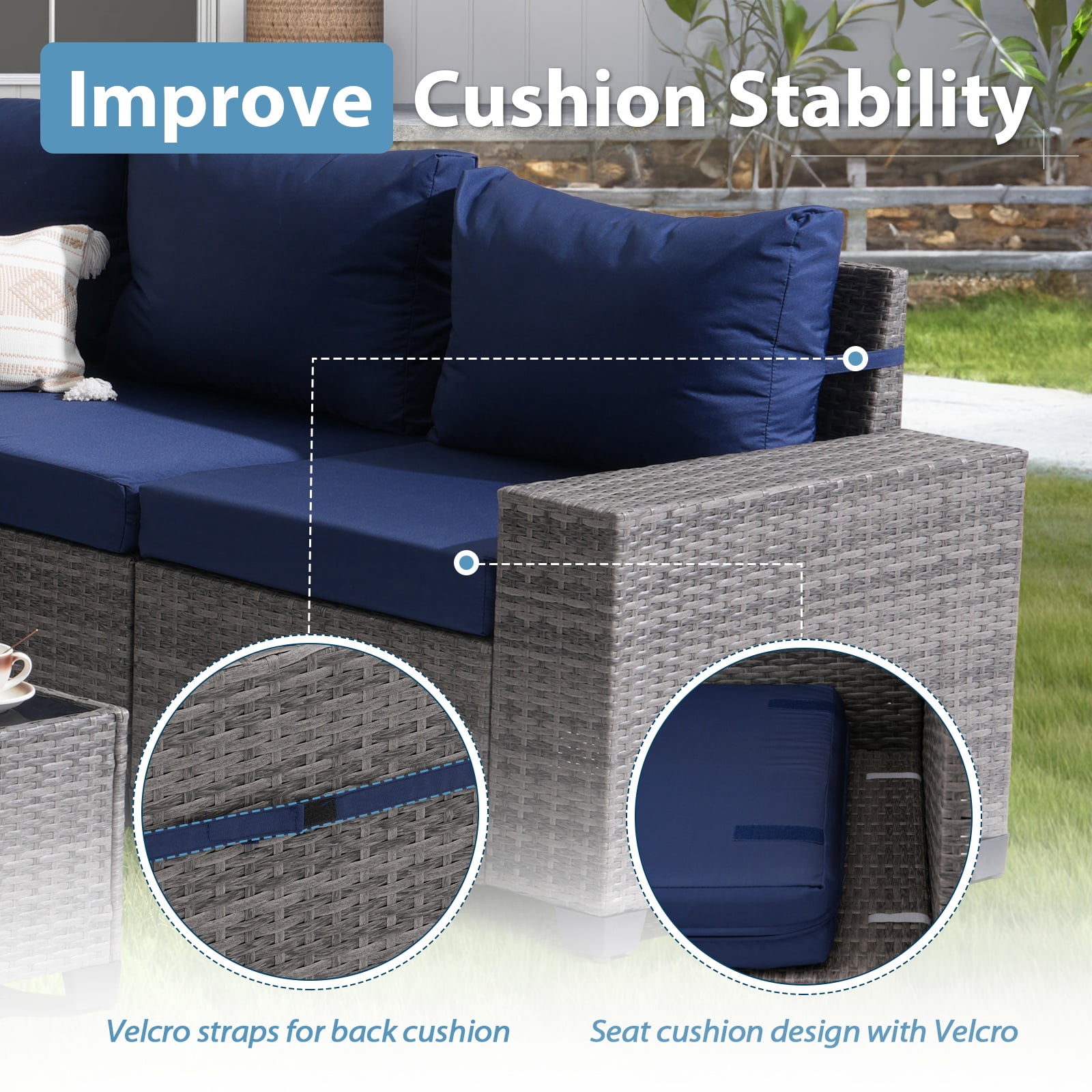JOIVI 6 Pieces Patio Furniture Set, Wicker Outdoor Conversation Set with Coffee Table, Rattan Sectional Sofa and Table Set with Cushions for Deck, Garden, Porch, Navy Blue