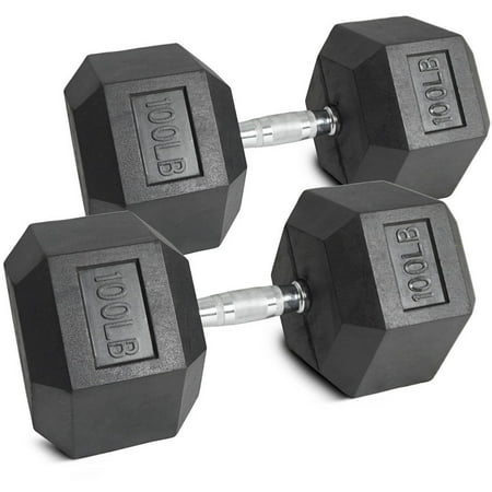 Pair of 100 lb Black Rubber Coated Hex Dumbbells Weight Training Set, 200