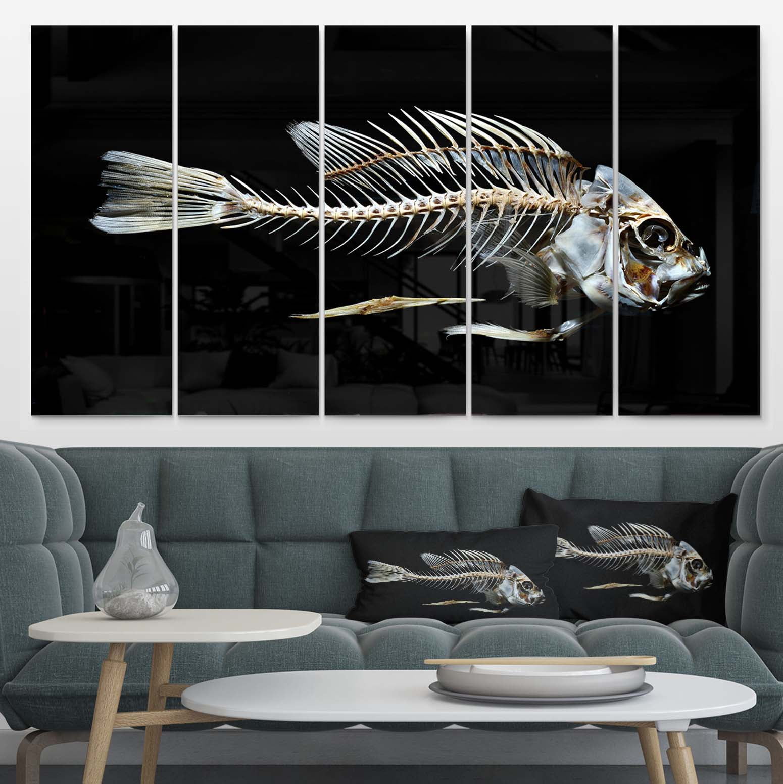 Fish Skeleton Bone on Black' Disc Animal Metal Circle Wall Art