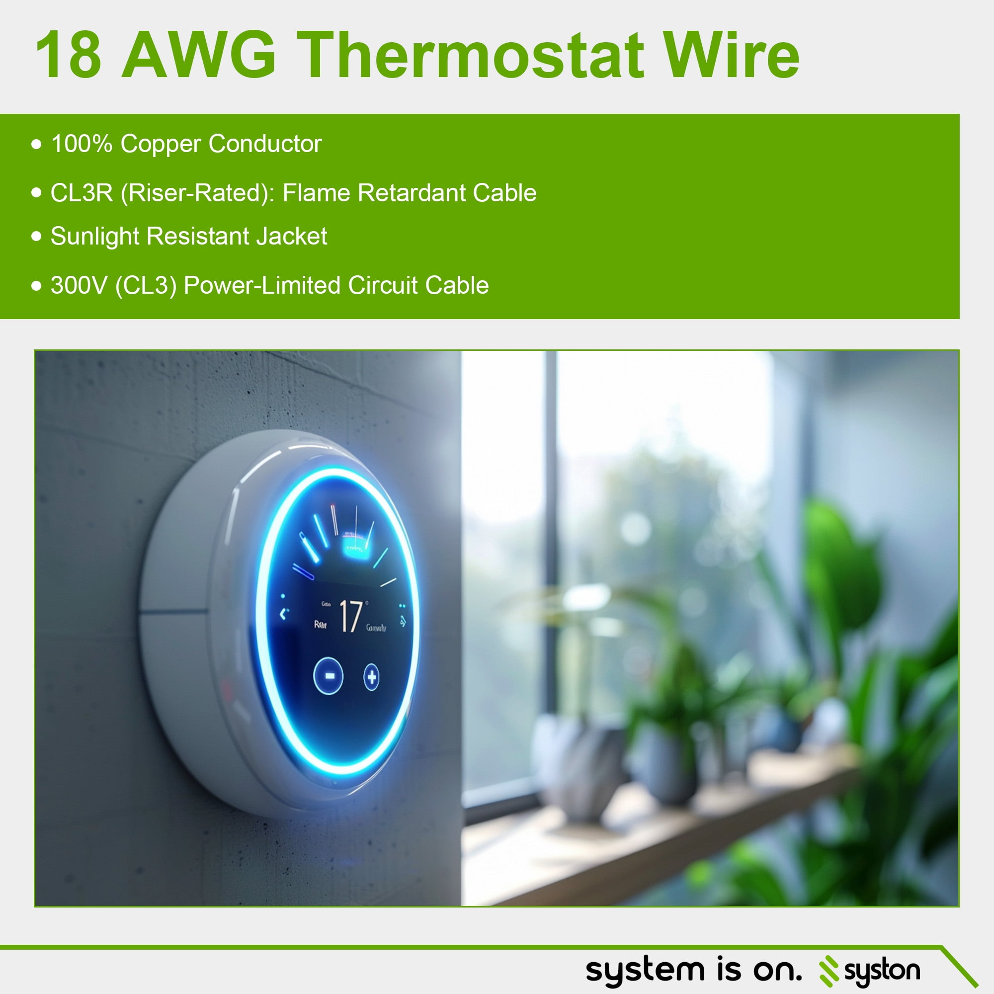 Syston 18/2 Thermostat Doorbell HVAC Heating Control Cable Wire, 18 AWG 2 Conductors 100% Solid Copper Conductors CL3R/FT4/CMR Riser-Rated, UV Resistant RoHS for Low Voltage Applications Use - 250 FT