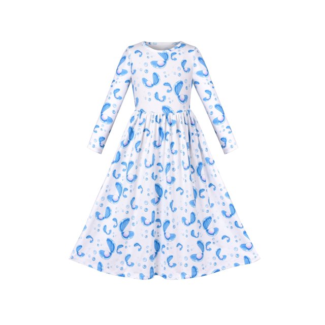 Girls Dress Maxi Dress Long Sleeve 3D Seashell Pearl Blue 5 Years