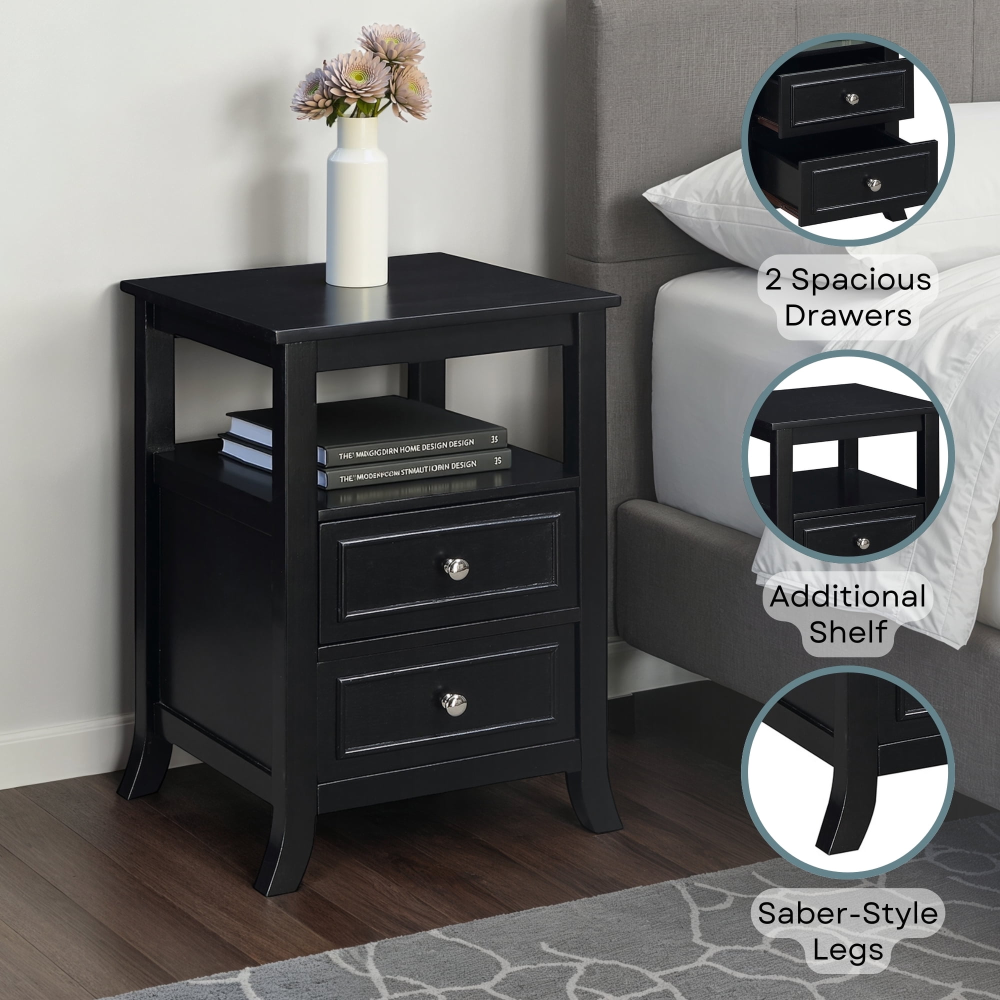 Convenience Concepts Melbourne 2 Drawer End Table with Shelf, Black