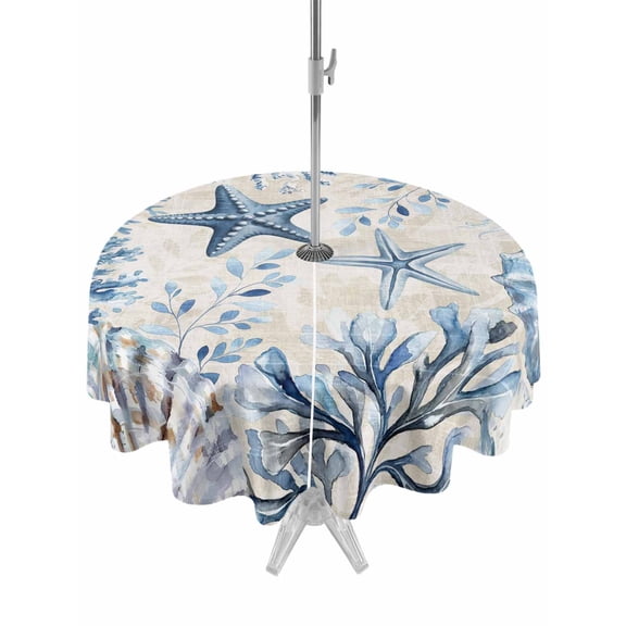 Outdoor Tablecloths with Umbrella Hole & Zipper, Blue Starfish Coastal Round Tablecloths 60 Inch, Nautical Summer Beach Shell Coral Waterproof Table Cloth, Patio/Pool/Picnic Table Covers
