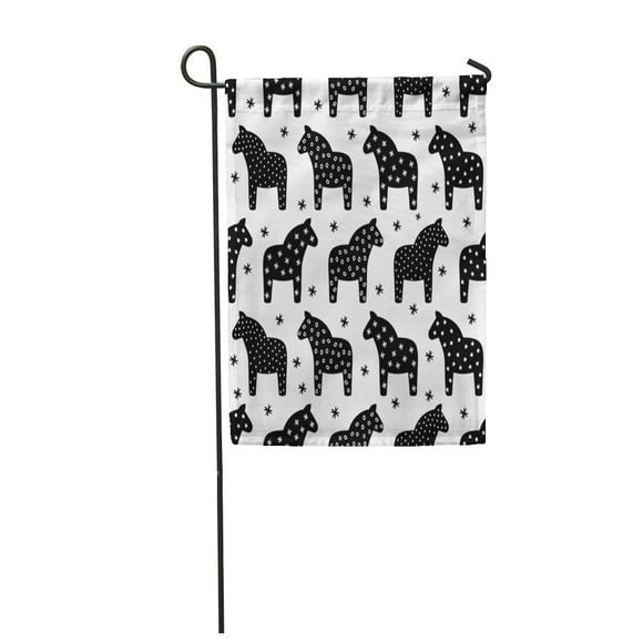 POGLIP Black and White Scandinavian Pattern Traditional Horses Snowflakes Swedish Garden Flag Decorative Flag House Banner 28x40 inch