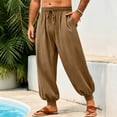 thumbnail image 5 of WULMLEO Mens Harem Pants Casual Elastic Waist Drawstring Baggy Hippie Trousers Cotton Linen Boho Yoga Beach Pants Brown 3XL, 5 of 7
