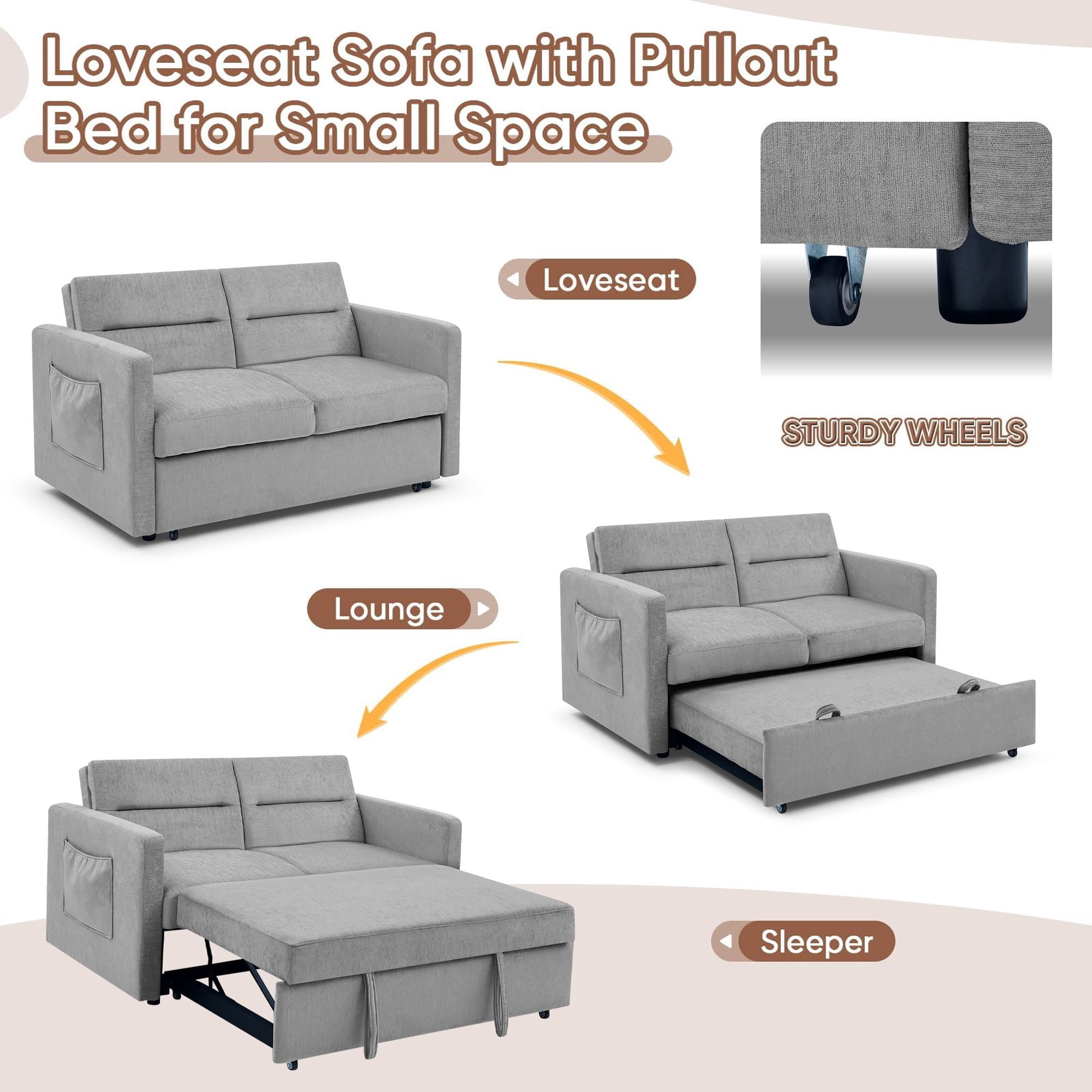 DEALTOPS Pull Out Sofa Bed, Convertible Loveseat Sleeper with Side Pockets, Gray