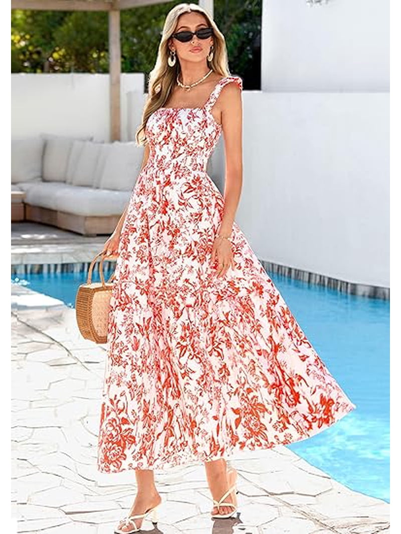 spring beach wedding guest dress PRETTYGARDEN Floral for Women Summer Boho Maxi Sundresses Smocked Long Flowy Dresses Size:Youth's 5.5 Wide Lucy Black Long Sleeve N.