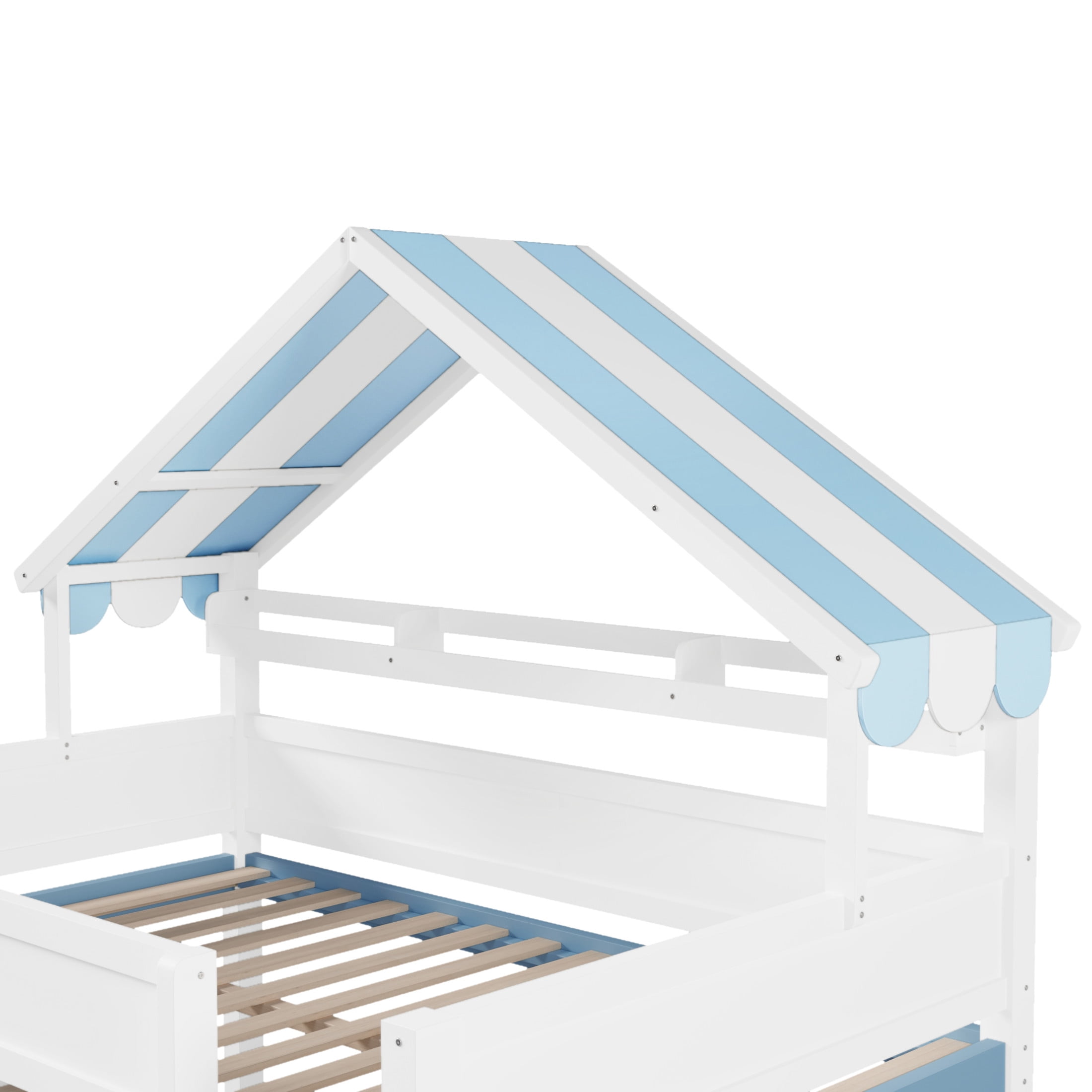 Noble House Devon Full Size Loft Bed, Playhouse Canopy Roof with Storage Cabinet and Shelves, White and Blue