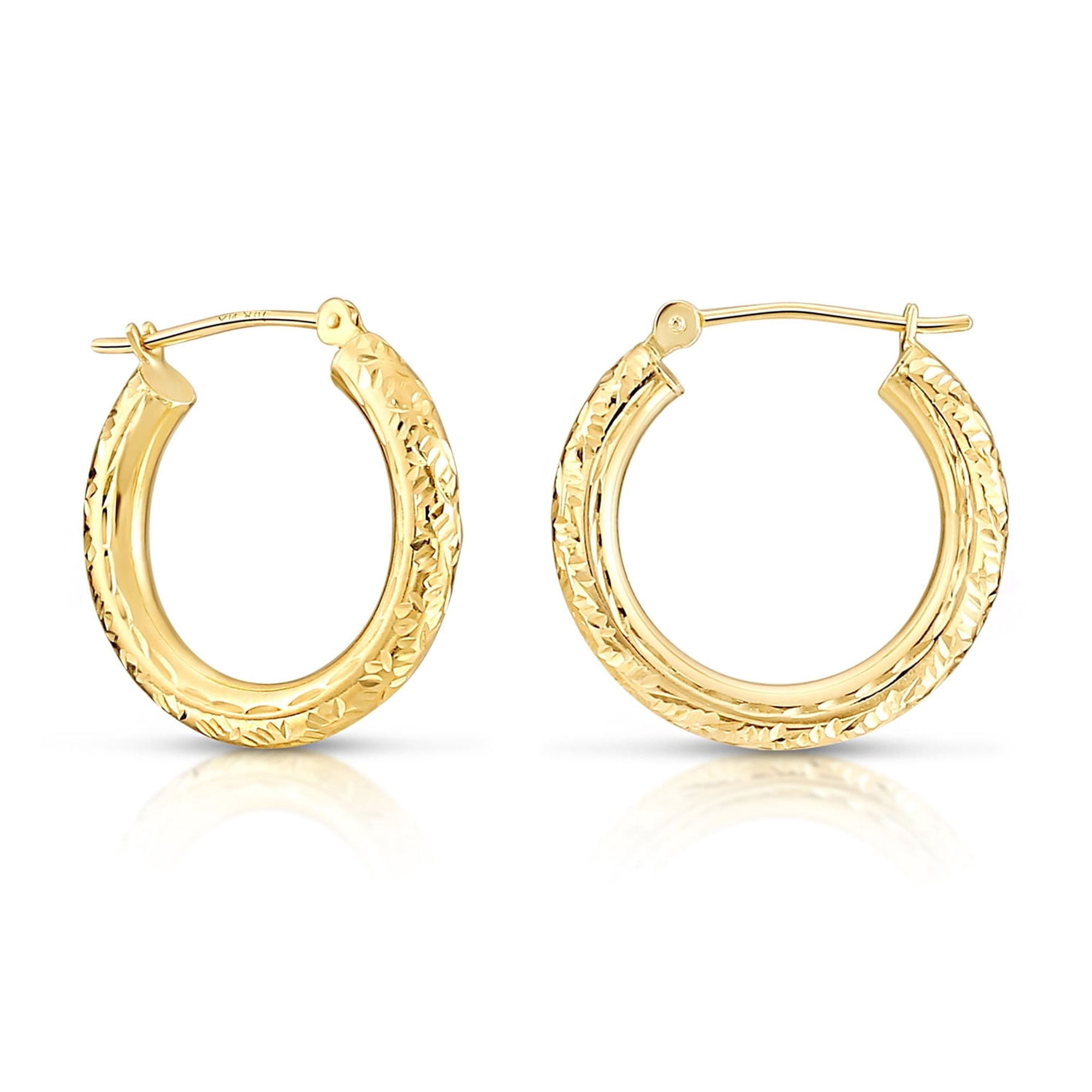 Tilo Jewelry 14K Yellow Gold 3mm Thick Chunky Gold Hoop Earrings with Diamond-Cut Engraving (16mm) for Women & Unisex