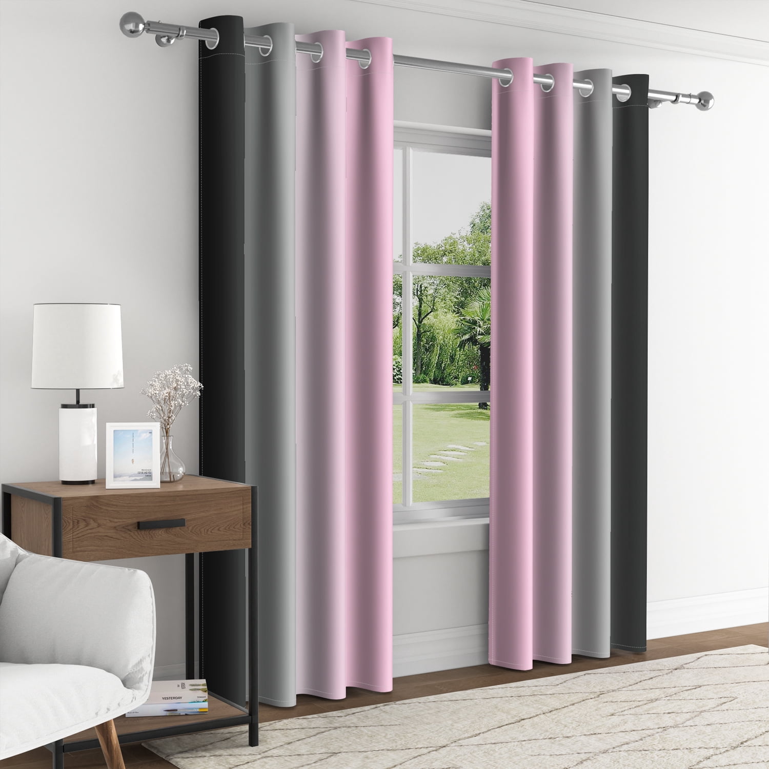 Aofoto Pink Grey Black Blackout Curtains for Girls Living Room, Room Darkening Abstract Window Drapes Treatments With Grommet, 2 Panels, 42"x84"