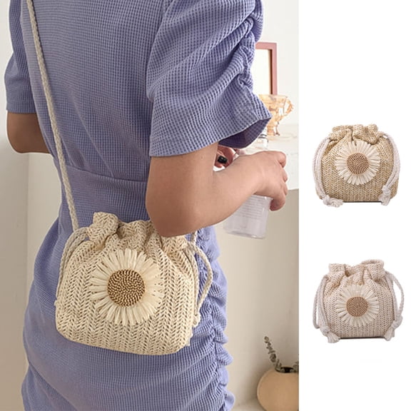 SPRING PARK Fashion Women Straw Bucket Shoulder Bag Drawstring Travel Handbag Handle Rucksack