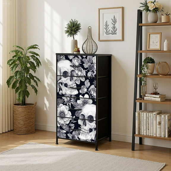 4 Drawer Vertical Storage Dresser Wreaths garden flowers skulls Roses peonies for with Wood Top Fabric Pull Drawers