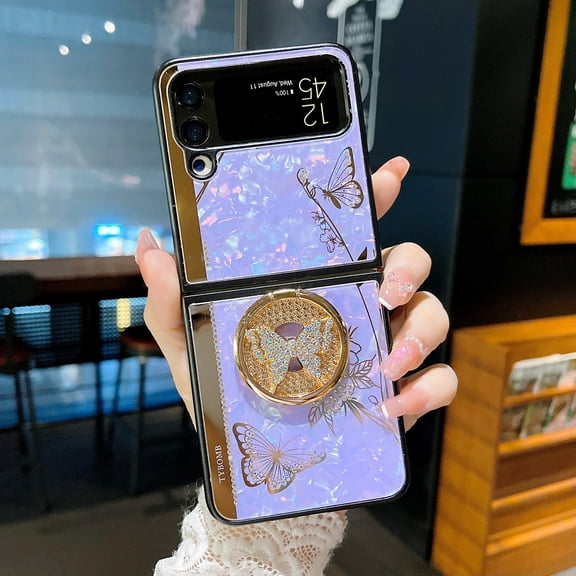 Compatible with Galaxy Z Flip 4 Butterfly Case for Women, Embossed Flower Cute Bling Diamond Luxury Design Kickstand Ring Shockproof Protective Cover for Samsung Galaxy Z Flip 4, Purple