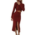 thumbnail image 2 of Baqcunre Women's Long Sleeve High Neck Solid Knitted Sweater High Waist Front Split Dress Set Cocktail Dress Womens Dresses Bodycon Dresses for Women Long Sleeve Dress for Women,Red,Size XXL, 2 of 6