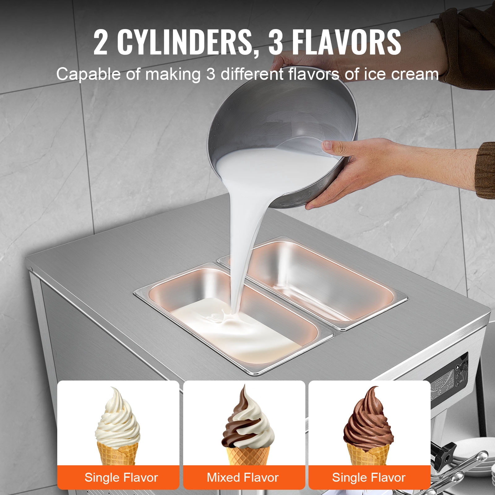 KFFKFF Commercial Soft Ice Cream Machine 18-28 L/H 5.5L*2 Cylinder 3-Flavor Serve Ice Cream Maker