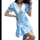 thumbnail image 3 of Vestido Vintage de los Años 50 para Mujer, Estilo Pastoral, de Cóctel, con Solapa, Mangas Abullonadas y Lazo en la Espalda. Azul L, 3 of 10