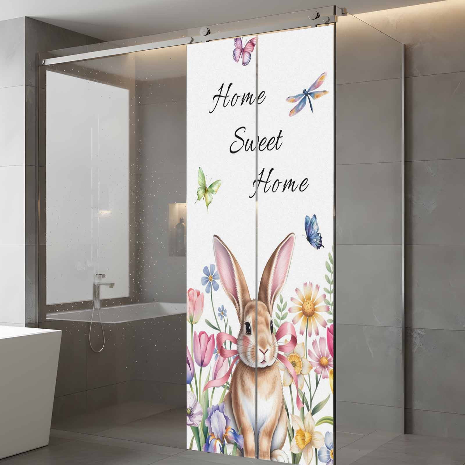 Sweet Home Window Privacy Film, Easter Bunny Spring Butterflies Flowers Country Leaf Frosted Glass Window Clings Static Cling UV Heat Blocking Reusable Door Sticker for Bathroom 23.6 x 59 Inch