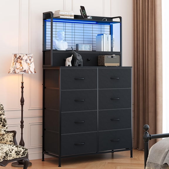 Kicctian Tall Dresser with 11 Fabric Drawers, Dresser with Charging Station & LED Lights, Chest of Drawers for Bedroom, Living Room, Closet, Black