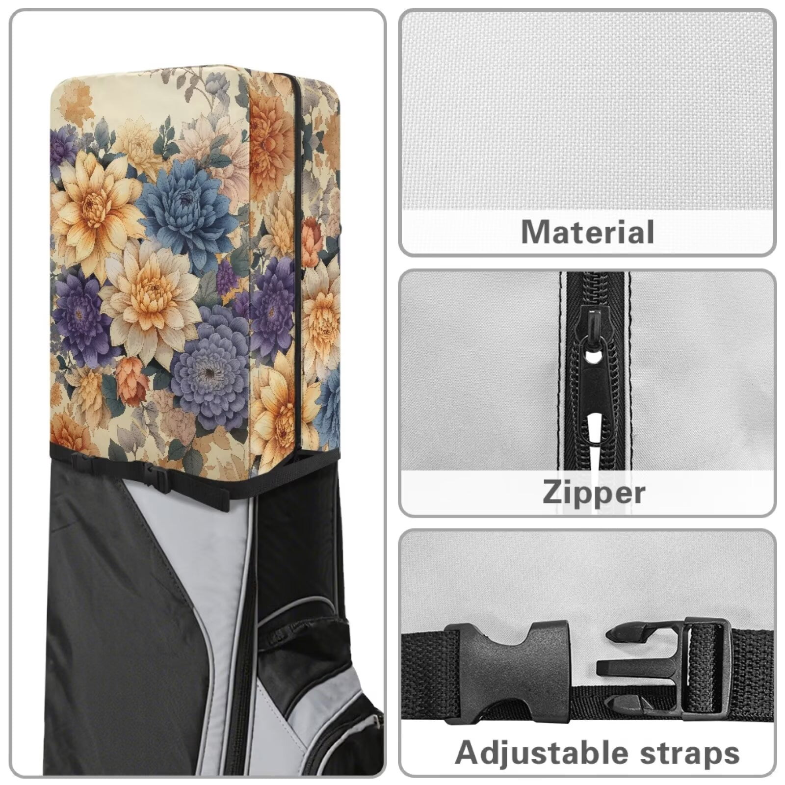 Chririnla Boho Golf Bag Rain Cover Heavy Duty 1260D Polyester Flower Clubs Protector Waterproof Dustproof Easy Access Universal Fit Rain Capes for Golf Staff Bags and Tour Bags