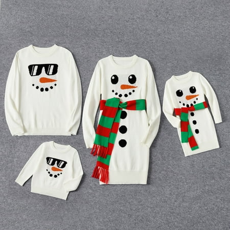 

PatPat Christmas Family Matching Snowman Graphic White Knitted Belted Dresses and Tops