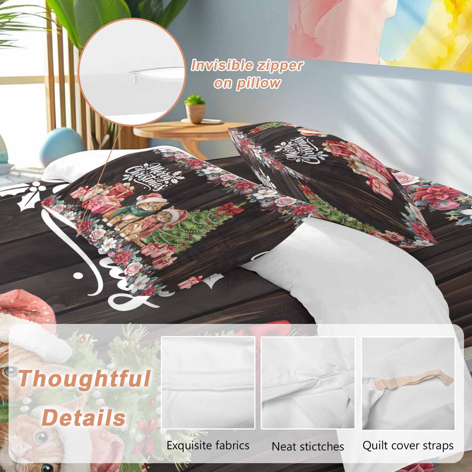 Christmas Bedding Duvet Cover Set Twin Size 4 Pieces Winter Xmas Cats Trees Gifts Flowers Brown Woods Bedding Set with Zipper Closure, 1 Comforter Cover 68x86 Inches 1 Flat Sheet & 2 Pillow Cases