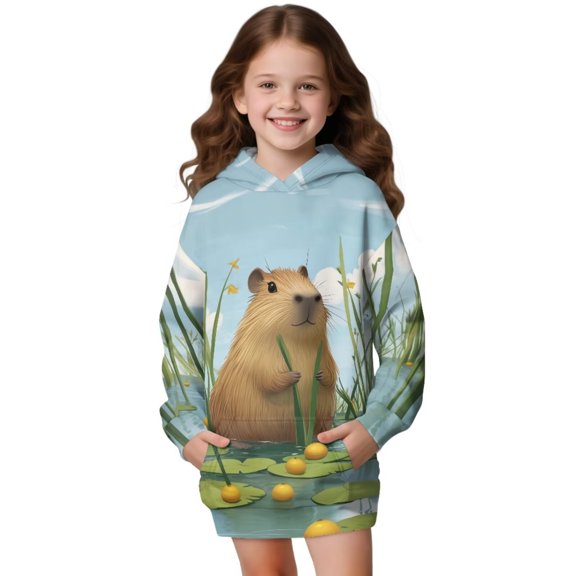 Psesaysky Girls Oversized Hoodies Wild Capybara Print Kids Fleece Lined Long Sleeve Hooded Sweatshirt with Kangaroo Pocket for 11-12 Years