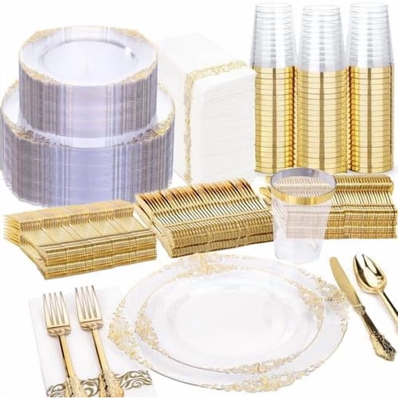 350PCS Clear Gold Plastic Plates - Gold Plastic Dinnerware Sets for 50 Guests - 100 Disposable Plates, 150 Silverware, 50 Cups, 50 Napkins for Wedding & Party & Thanksgiving