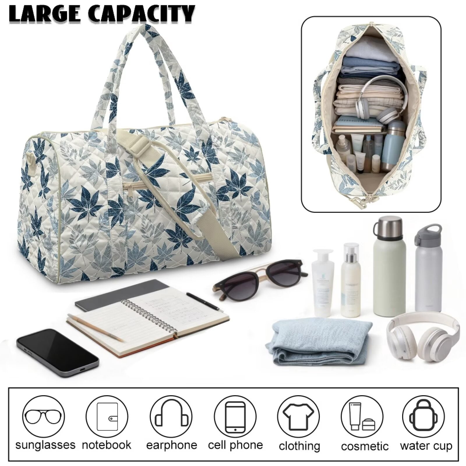 Xixirimido Women Quilted Travel Duffle Bag Duffel Overnight Bags Large Carry on Tote Bag Weekender Traveling Yoga Gym Hospital Bag, Abstract Leaves