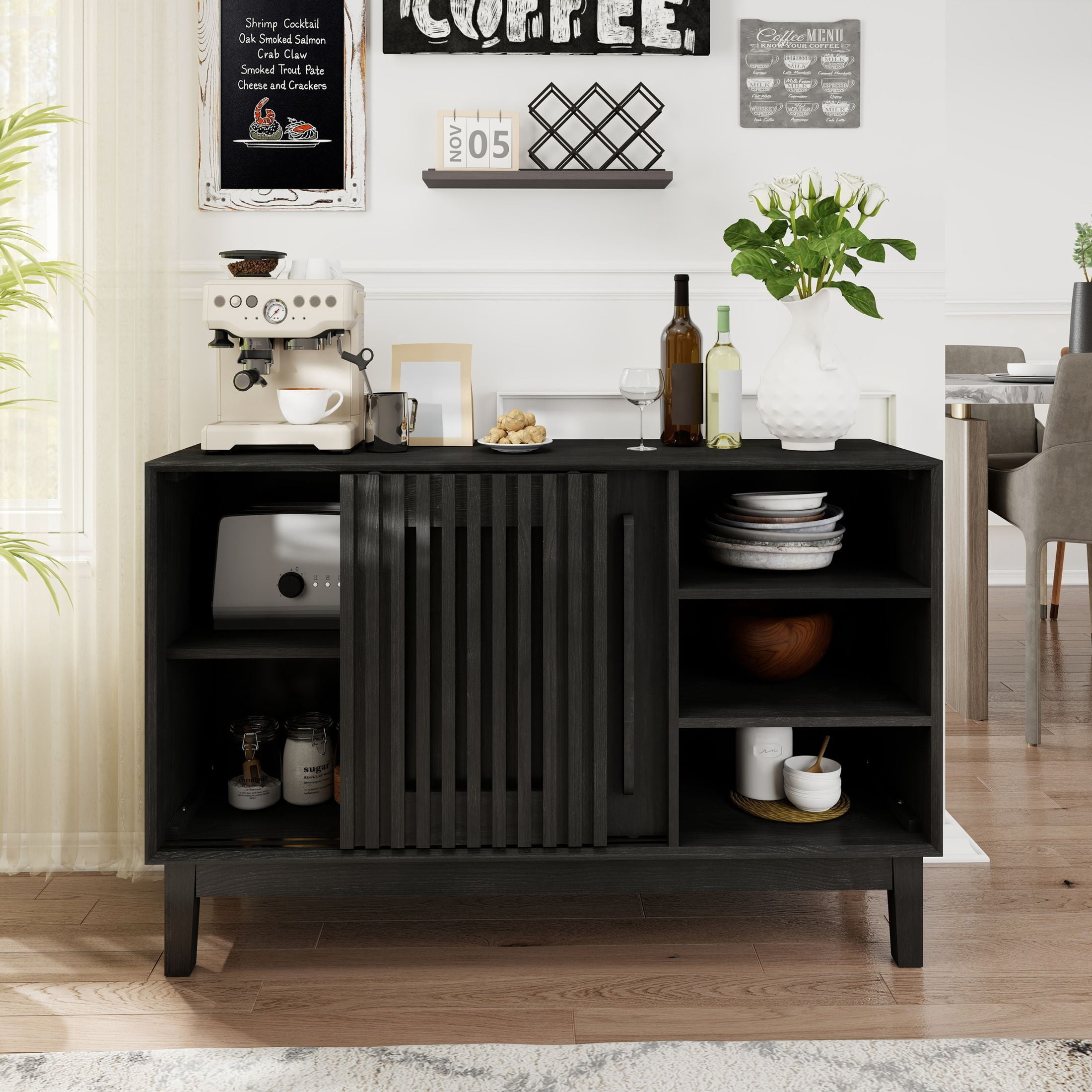 GDF Studio 47.3" Farmhouse Fluted Sideboard Buffet Cabinet with 2 Doors, Solid Wood Feet, Black