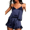thumbnail image 3 of Xmarks Satin Pajama Set for Women Ruffle Cami Pjs Shorts Set V Neck Camisole Top and Shorts  Ruffle Sleepwear Loungewear Set S-2XL, 3 of 6
