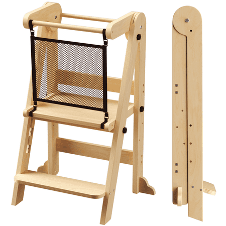 Homlux Foldable Toddler Kitchen Tower, Wooden Step Stool with 3 Adjustable Heights, Toddler Standing Tower with Safety Net (Nature)