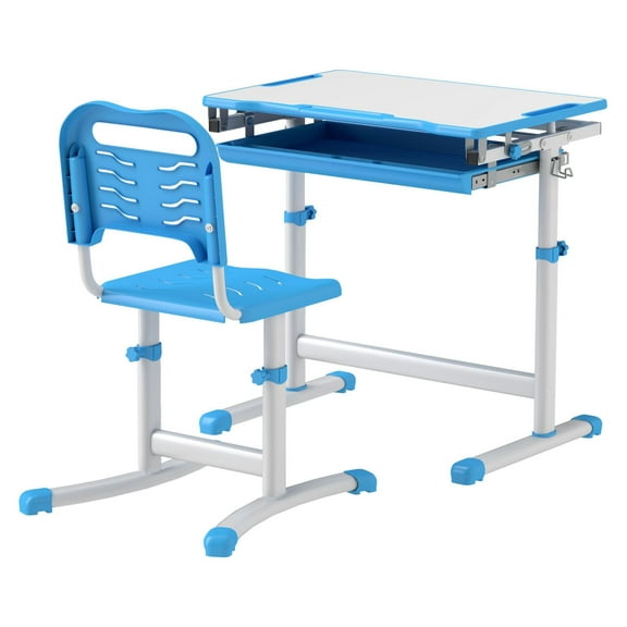 Kids Desk and Chair Set, Adjustable Height Kids Study Table with Tilt Desktop, Storage Drawer, Blue - Ages 6-12