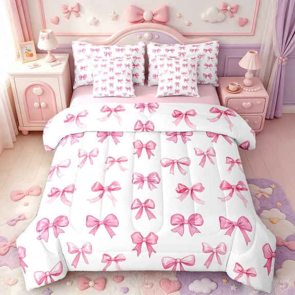 Manfei Princess Bowknot Ribbon 7-Piece Twin Bedding,Pink Dreamy Bow Tie Bedding Comforter Set,Pink Reversible
