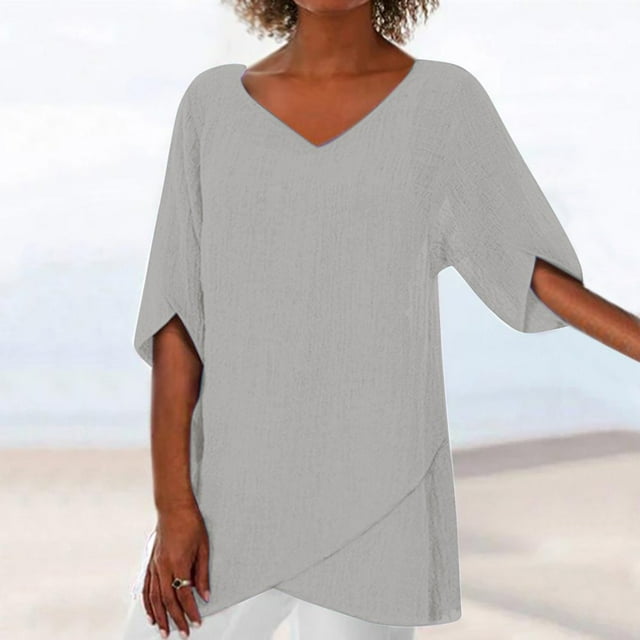 CHUANK Liquidation pour Femmes Mode Blouse d'Été Irrégulière Unie à Manches Courtes à Col en V Vêtements en Rabais