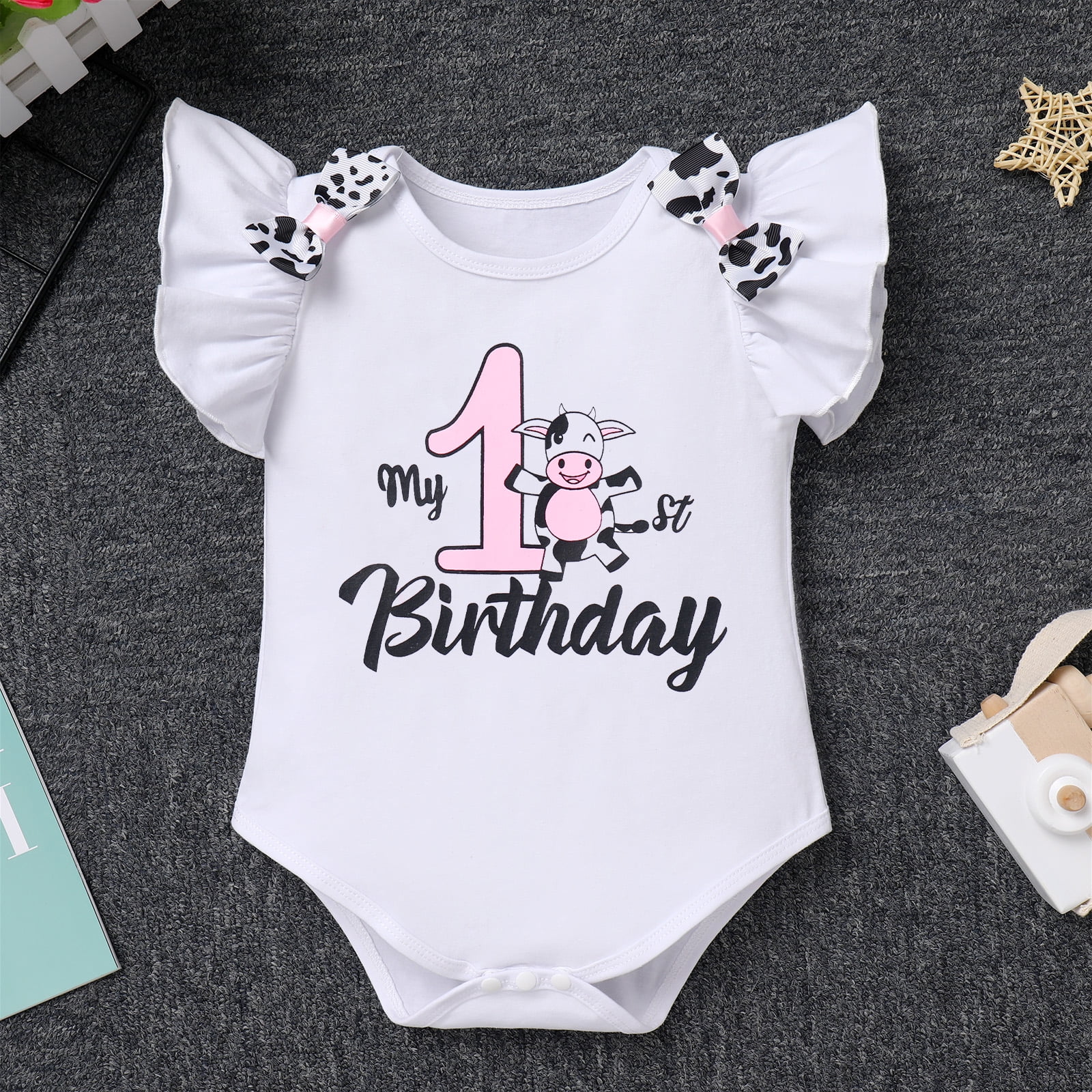 IBTOM CASTLE Baby Girl 1st Birthday Outfit Farm Cow Romper Tutu Skirt Headband Cake Smash Photo Shoot Clothes