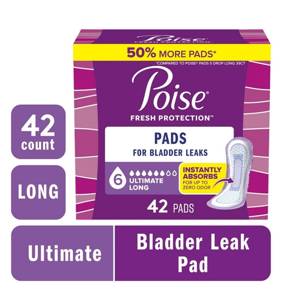 Poise Incontinence Pads for Women, 6 Drop Ultimate Absorbency, Long Length, 42 Count