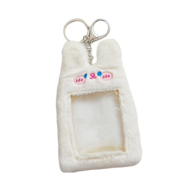 KLKCMS Plush Keychain Holder Photo Sleeves Plush Protective Case for Bus Card white